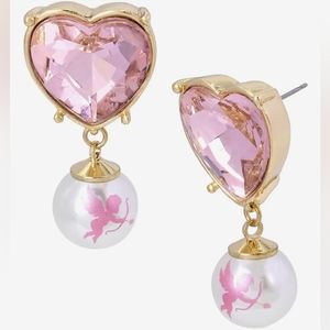 New! BETSEY JOHNSON Iridescent Pink Heart Cupid Faux Pearl Dangle Post Earrings
